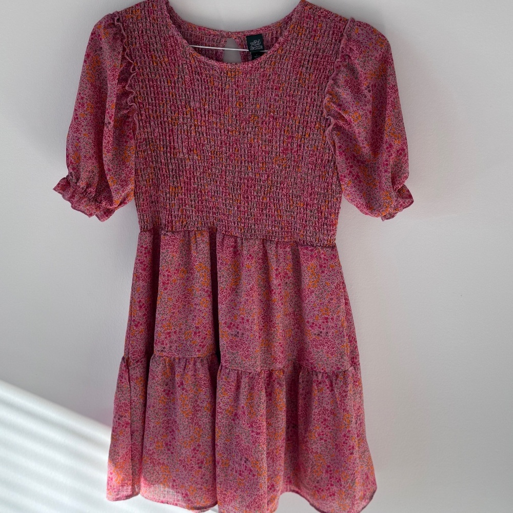 Wild Fable Pink Floral Patterned Smocked Short Puff Sleeve Tiered Dress